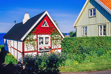 Red and white idyllic old half-timbered cottage