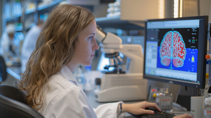 In a sterile neurological laboratory, filled with advanced research equipment, a young researcher carefully analyzes the image of the brain displayed on the computer screen.