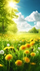 Fototapeta premium A bright, sunny meadow filled with blooming yellow dandelions, with green grass and a few scattered white flowers