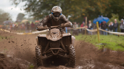 On a muddy race track, a quad covered in mud fights for victory. The competitor focuses on overcoming difficult obstacles, breaking through thick mud and slippery corners.