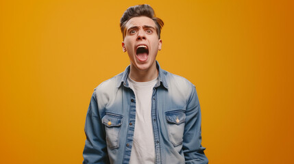 Fototapeta premium In everyday clothes, with a smile on his face, a young man lets out an enthusiastic cry of joy. His hands raise in a gesture of triumph and his loud scream is full of positive tension.