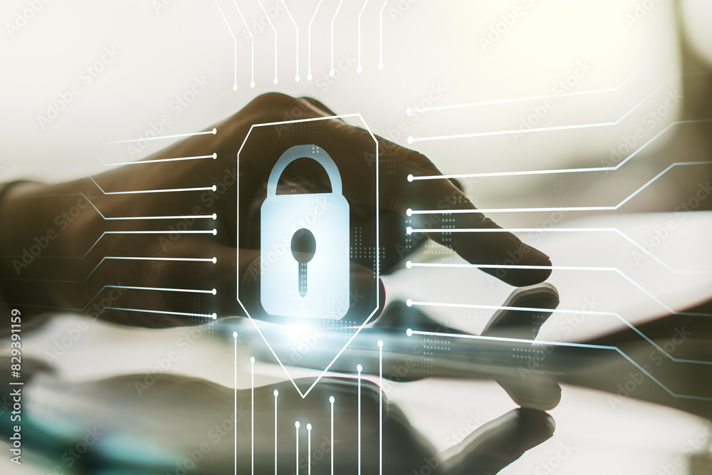 Aufkleber creative lock illustration with microcircuit and finger presses on a digital tablet on background, c