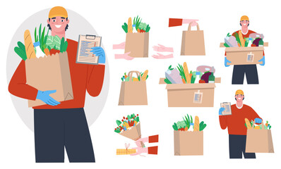 Delivery of products. Food in a box. Transfer of delivery from hand to hand. Food package. Fresh vegetables and meat. The courier brought the products. Set of vector illustrations in flat style.