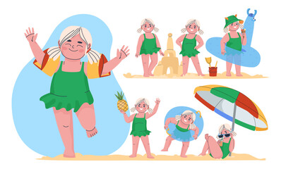 Girl on the beach. Set of vector illustrations. A child plays on the beach. Sand castle. Baby in an inflatable ring. Ice cream in a cone. Flat style