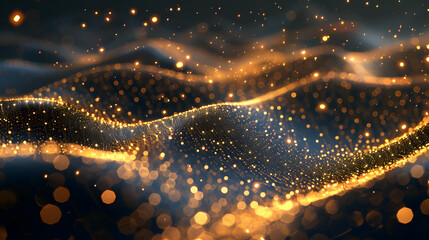 Banner gold tech futuristic web, science and technology, golden glowing rays with flickering particles, lines, dots, glitter effect on dark background