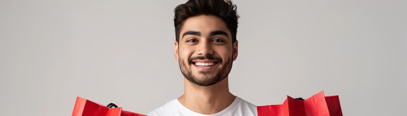 Obraz premium A stylish young man holds shopping bags against a white background featuring a red polka dots pattern