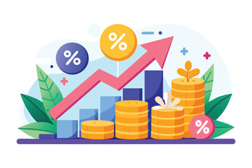 Line isometric illustration of pile of dollar coins at the growth graph and increasing arrow. The business increase, money, income growth, profit, gain, wealth, success, flat outline vector concept.