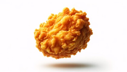 A golden-yellow crispy fried chicken floating in the air, isolated on a white background