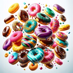 Brightly colored donuts floating and disassembled in the air, isolated on a white background
