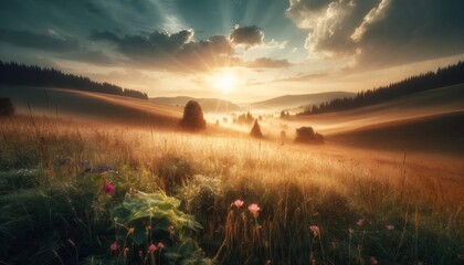 A serene meadow landscape at sunrise. The foreground features dewy grass and wildflowers