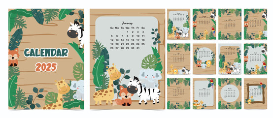2025 table monthly calendar week start on Sunday with safari that use for vertical digital and printable A4 A5 size