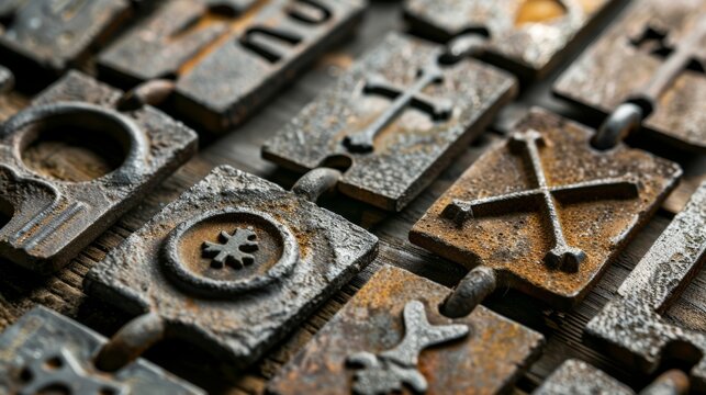 A set of vintage branding irons each with a different symbol representing ranches from the past.