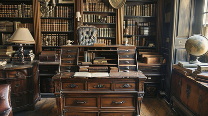 Vintage roll-top desk crafted from rich mahogany wood its intricate details and hidden compartments...