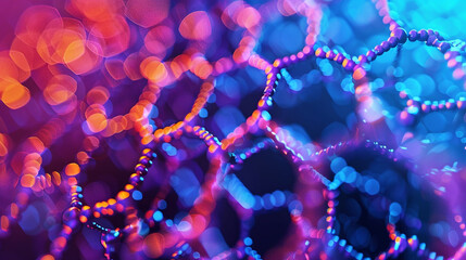 Render an image featuring intricate hexagonal molecular patterns composed of interconnected dots, set against vibrant and contrasting backgrounds.