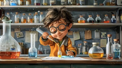 The Young Scientist Enthusiastically Conducts a Chemical Experiment in a Colorful Laboratory Setting Driven by Curiosity and a Thirst for Discovery