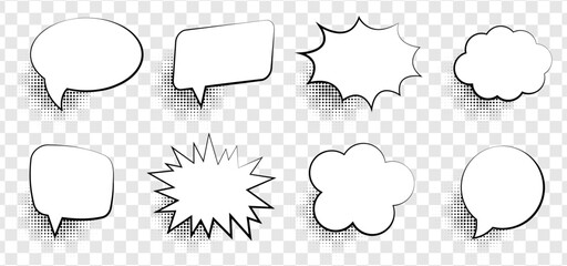 Retro empty comic speech bubbles set with black halftone shadows. Vintage design, pop art style