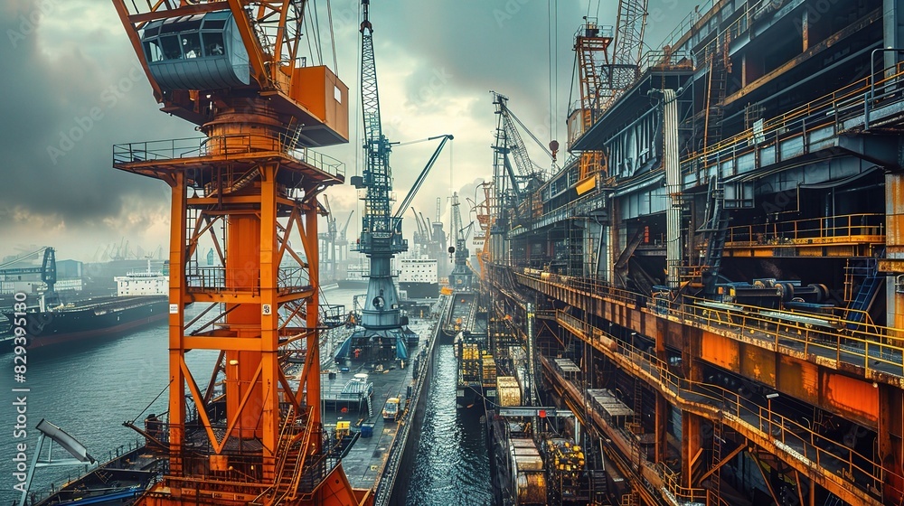 Wall mural industrial machinery with a panoramic view of massive cranes and equipment in a shipyard - Wall murals