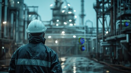 Industrial Concept : Back view of a helmeted worker gazing into an industrial complex