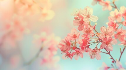 Cherry blossoms in bloom on pastel background, close up, focus on, vibrant and appealing colors, Double exposure silhouette with spring scene