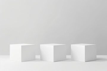 3 white cubes in front of a grey background. Created with Ai