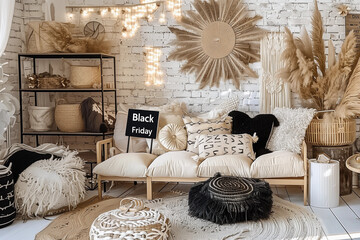 Black Friday sale discount black sign ad for fall winter homeware sofa shopping saving promotion brown beige natural neutral boho chic modern Hamptons rustic home decor exclusive clearance retail shop