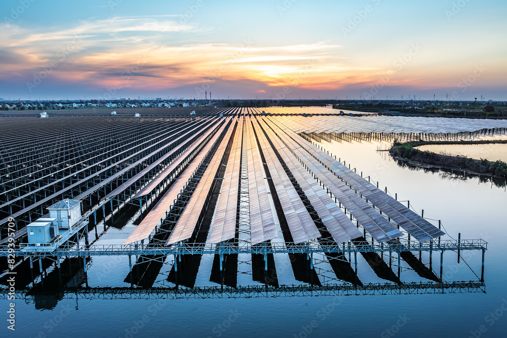 Canvas Prints Solar power plant in the lake at sunset