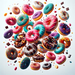 Brightly colored donuts floating and disassembled in the air