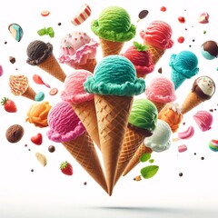 Brightly colored ice cream cones floating and disassembled in the air