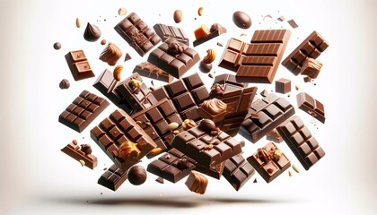 Chocolate bars floating in mid-air against a white background. The chocolate bars are in various shapes and sizes