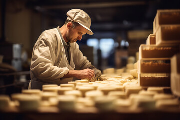 A cheesemaker inspects his creations. Generated by AI