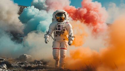 Astronaut in space helmet in the middle of colorful smoke