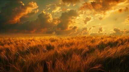 Fototapeta premium Ripe wheat in a large wheat field waiting to be harvested at a beautiful sunset. Agriculture