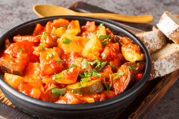 Vegetable Guvec vegetarian Casserole Closeup on the bowl on the table. Horizontal