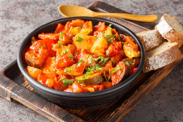 Homemade stew of zucchini, potatoes, peppers, onions, tomatoes and eggplant close-up in a bowl on the table. Horizontal