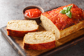 Sliced chicken meatloaf served with ketchup closeup on the wooden board on the table. Horizontal
