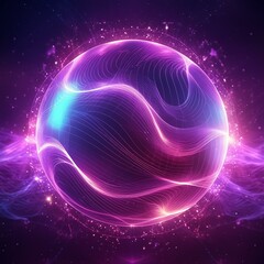 background with space, Abstract neon energy sphere with particles and waves glowing in purple and pink dark background.