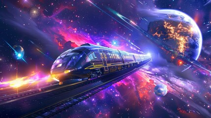 A futuristic train traveling through space, surrounded by stars and colorful planets
