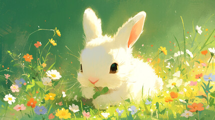 Rabbit in flower meadow, Watercolor style