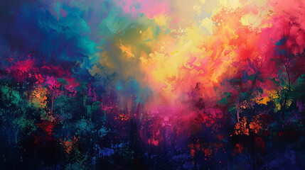 Visualize an enchanting abstract landscape illuminated by a mesmerizing spectrum of colors