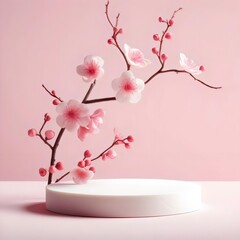 the delicate beauty of cherry blossoms arranged on a simple white podium against a soft pink background