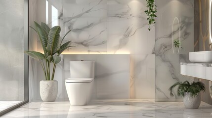 Elegant white toilet in a tranquil bathroom setting with marble accents and soothing colors, perfect for luxury interiors--s 250