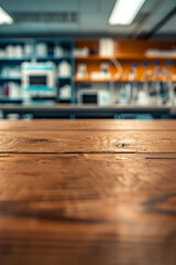 A wooden lab bench in the foreground with a blurred background of a science laboratory. The background features scientific equipment, lab coats, researchers conducting experiments, and shelves.