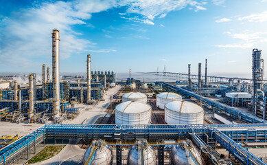 Petrochemical plant industrial area equipment building landscape