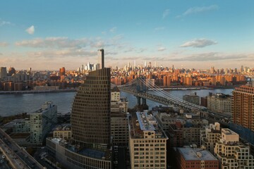Aerial Brooklyn Bridge, New York City from drone. Top view of Buildings of New York. Historic New...