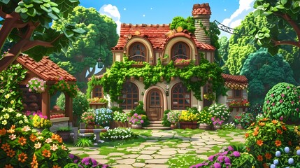 Obraz premium Enchanted Cottage Nestled in a Vibrant Garden Oasis