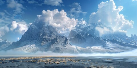 Fantasy landscape with mountains and clouds