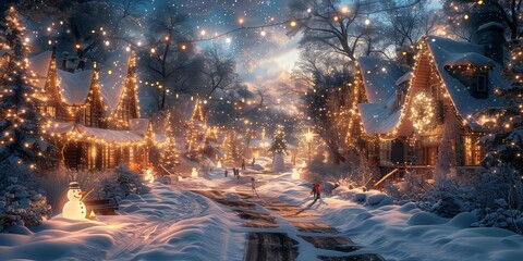 Snowy Village with Twinkling Lights, generative ai
