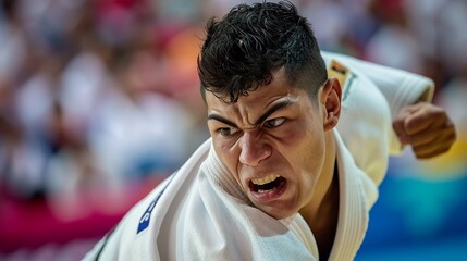Fototapeta premium A closeup of a judo athletes intense expression during a throw, highlighting the concentration and physical exertion of the moment