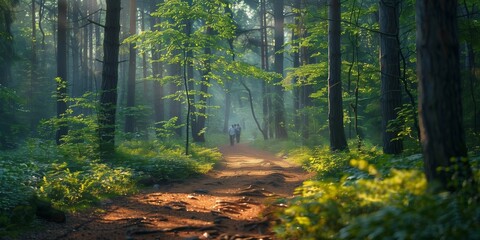 Obraz premium Immersed in Nature: Hiking with Friends, generative ai