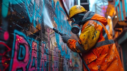 Detailed shot of a worker in bright safety gear, pressure washing graffiti off a city wall, captured with raw, realistic style
